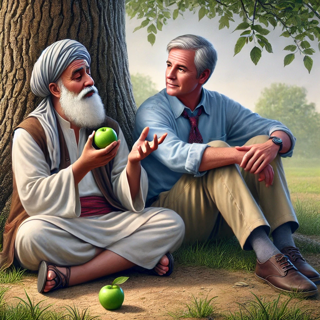 DALL·E-2024-12-07-18.09.00-A-realistic-illustration-of-Nasrudin-a-wise-Middle-Eastern-character-sitting-on-the-ground-next-to-a-60-year-old-white-man-with-short-white-hair-and