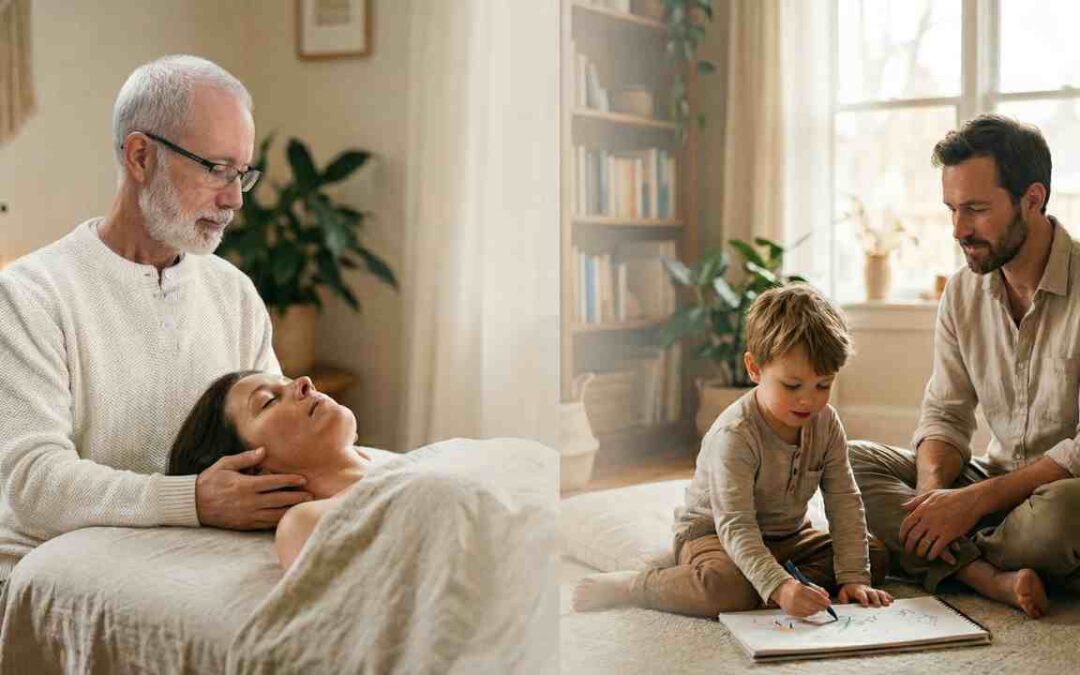 Terapeuta practicando Terapia Biodinámica Craneosacral con una mujer